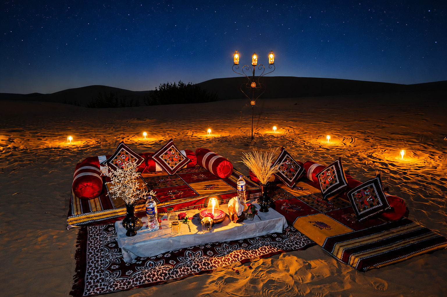 Candlelit bonfire seating on the sand at night